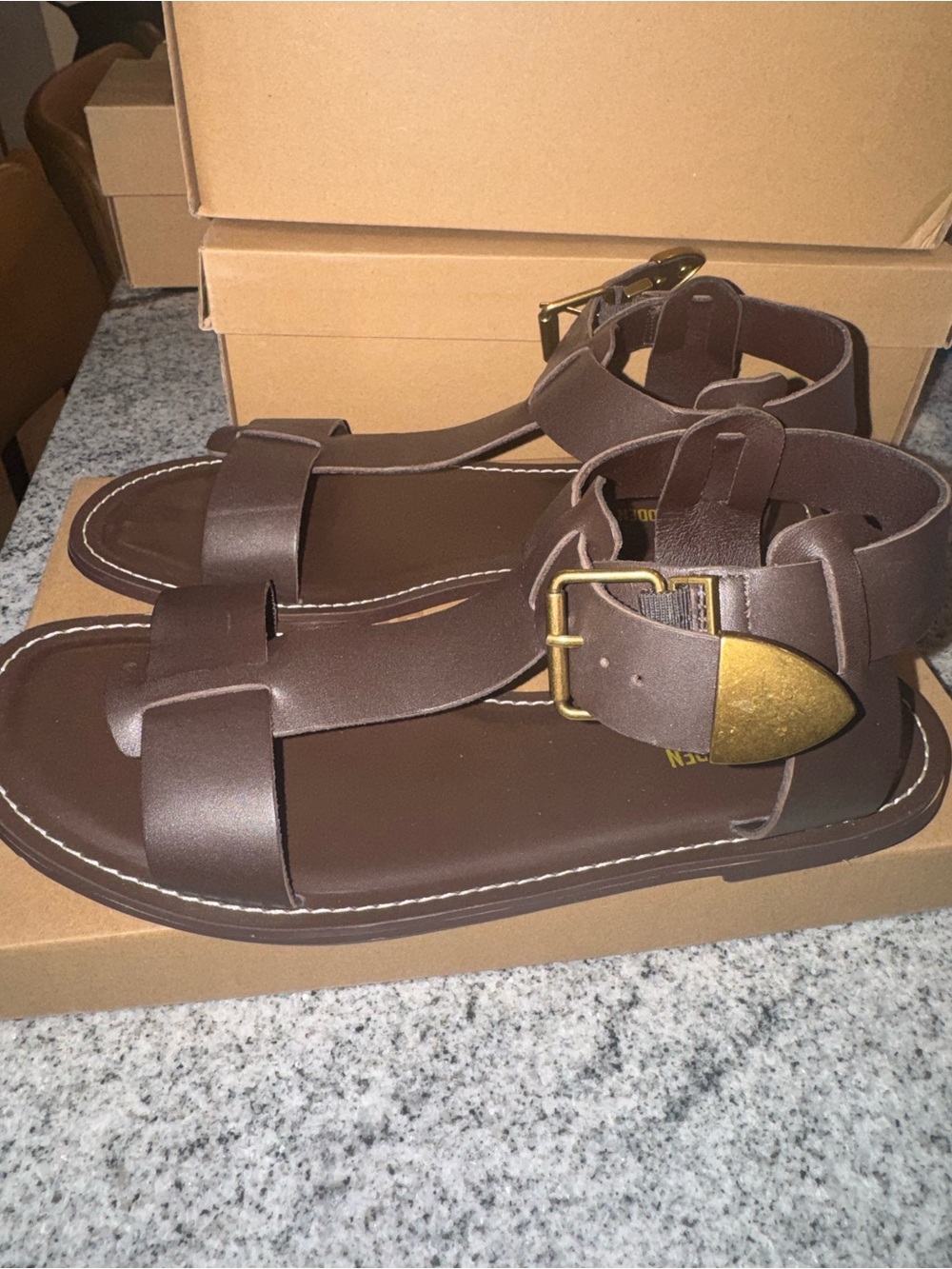 Steve Madden Brazinn Brown Leather Ankle-Strap Sandals with Brass Buckle